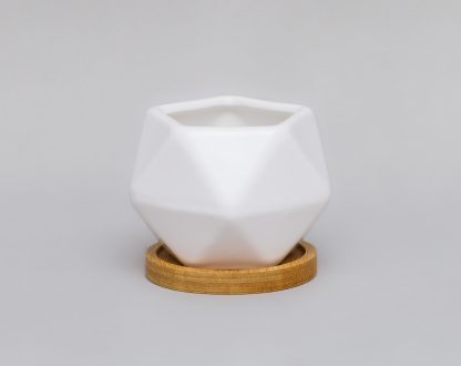 Maceta-ceramica-geometrica-blanca-plato-madera